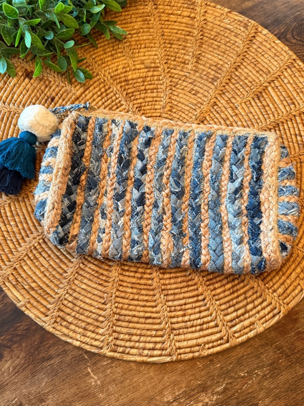 Antik Kraft Boho Handwoven Stripe Tassel Clutch - Blue Denim & Natural Jute